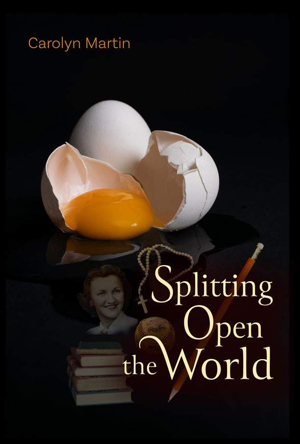 book cover showing cracked egg and faded pile of books